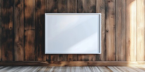 Leinwandbilder - White frame mockup on a rustic wooden wall with warm brown tones, positioned centrally to emphasize empty space for artwork or text.