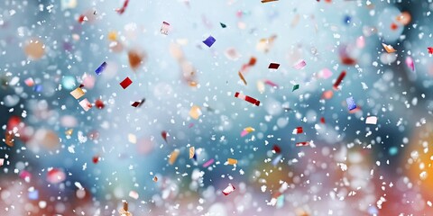 Poster - Festive winter background with soft blue gradient, colorful confetti falling amidst white snowflakes, creating a joyful holiday ambiance.