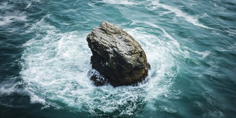 Poster - Solitary rugged rock surrounded by gentle turquoise waves creating striking contrast in a calm seascape during a serene moment of nature.