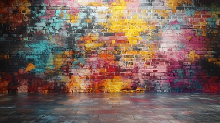 Aufkleber - Colorful painted brick wall with brick floor and vibrant abstract patterns for background usage