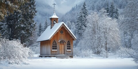 Aufkleber - Serene winter landscape featuring a quaint wooden chapel surrounded by snowy trees under a light gray sky with mountains in the background.