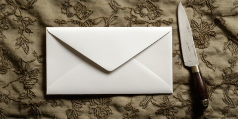 Fototapete - Elegant top down view of a white envelope and a knife resting on textured brown fabric, showcasing simplicity and sophistication in stationery arrangement.