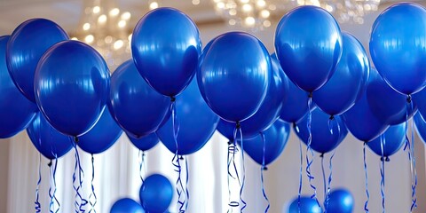 Poster - Vibrant blue balloons cluster together, suspended with long ribbons, creating a festive atmosphere under soft, glowing lights in a bright indoor setting.