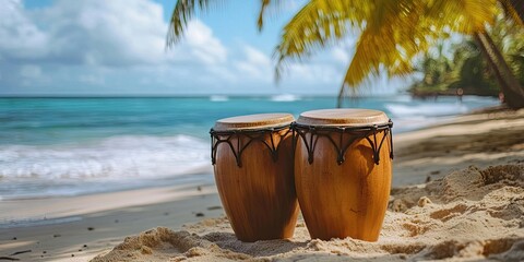 Poster - Wooden conga drums resting on sandy beach with turquoise ocean waves gently lapping in background under bright blue sky and greenery.