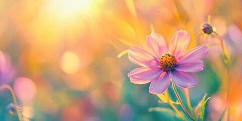 Fototapete - Delicate pink flower in soft focus with warm sunlight creating a bokeh effect, surrounded by vibrant colors of spring on a sunny background.