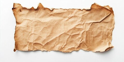 Fototapete - Aged and crumpled brown paper with torn edges placed on a clean white background showcasing a weathered texture and subtle adhesive marks