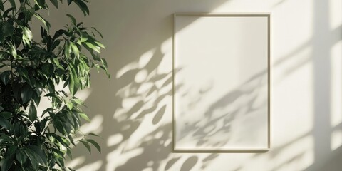 Fototapete - Minimalist interior with empty frame on light wall, soft shadows from green leaves casting gentle patterns, creating a serene atmosphere.