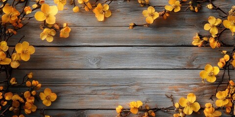 Poster - Autumn themed backdrop featuring yellow blossoms gracefully arranged around a rustic wooden surface creating a warm Thanksgiving ambiance