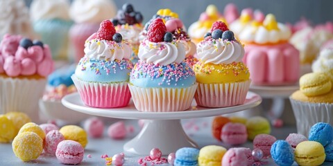 Leinwandbilder - Vibrant display of colorful cupcakes in pastel shades of blue yellow and pink topped with swirls of frosting and fresh berries on a white stand