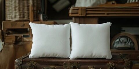 Aufkleber - White square cushions resting on an antique vintage suitcase in a rustic setting with warm tones and wood elements creating a cozy atmosphere.