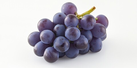 Poster - Freshly harvested cluster of plump purple grapes arranged on a clean white background, showcasing vibrant hues and glossy surfaces.