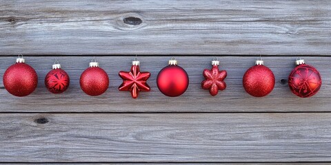 Poster - Red Christmas ornaments of various shapes and textures displayed on a rustic wooden surface with a light gray tone creating a festive atmosphere