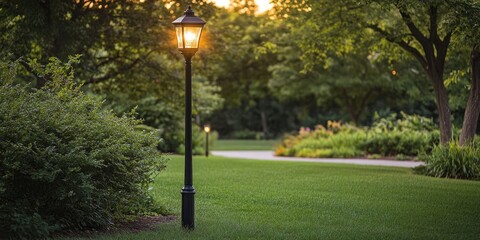 Poster - Serene park scene featuring a vintage street lamp emitting warm light surrounded by lush greenery and a winding pathway at sunset.