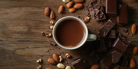 Aufkleber - Chocolate pieces and a cup of hot chocolate with almonds and hazelnuts on a rustic wooden background showcasing a flat lay food arrangement