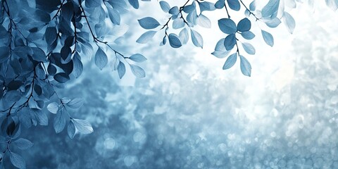 Poster - Bluish abstract background with soft leaf silhouettes on the left and ample copy space on the right for text or design elements.
