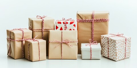 Poster - Colorful gift boxes wrapped in brown paper tied with twine arranged in stacked positions against a white background for festive celebrations.