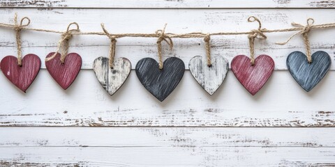 Poster - Colorful wooden hearts in red, black, and white hanging on twine against a rustic white wooden background, creating a charming festive decor feel.
