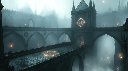 Sticker - Mystical gothic bridge, glowing symbols, foggy city.