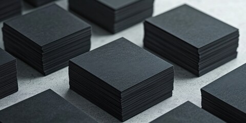 Poster - Horizontal black business cards neatly stacked in organized rows on a white textured paper backdrop showcasing minimalistic elegance and professionalism.