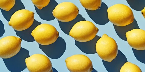 Poster - Vibrant yellow lemons arranged on a light blue background with distinct shadows creating ample space for text and design elements.