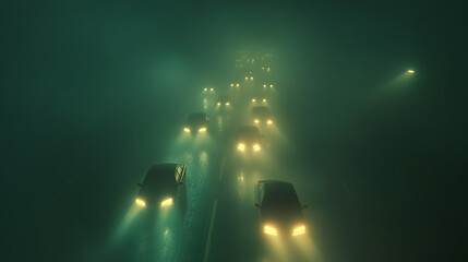 jam with car headlights barely piercing through the heavy smog, making the entire scene look dystopian 