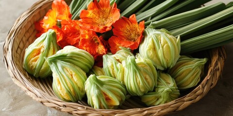 Poster - Fresh green zucchini blossoms and vibrant orange flowers arranged in a woven basket with green onion stalks creating a colorful, organic display.