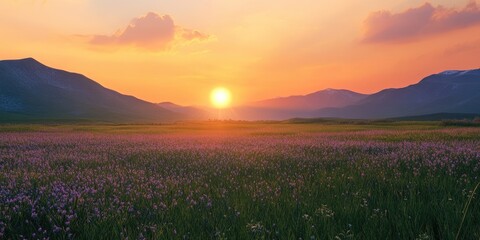 Poster - Serene sunset over a vibrant purple and green field with mountains in the background and soft clouds in a warm orange sky.