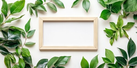 Aufkleber - Wooden photo frame surrounded by vibrant green leaves on a white background for a fresh and natural presentation.