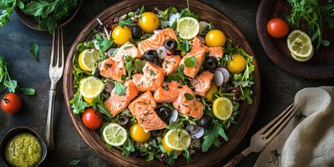 Poster - Vibrant salmon salad on wooden platter featuring fresh greens yellow cherry tomatoes black olives and lemon slices with herbs overhead view