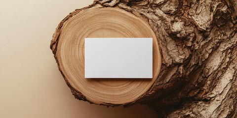 Poster - Blank white business card resting on a rustic wooden log, centered against a soft beige background, showcasing natural textures and simplicity.
