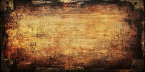 Fototapete - Grunge textured wooden board background in warm brown and golden hues with dark edges creating depth and rustic charm. Perfect for vintage design.