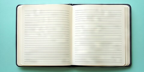 Fototapete - Open notebook on light turquoise background with blank lined pages positioned centrally, with soft reflections and no text or illustrations visible.