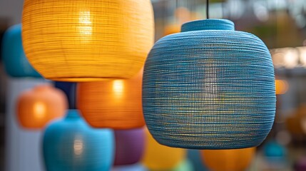 Aufkleber - Colorful pendant lights hanging indoors, illuminated, home decor background