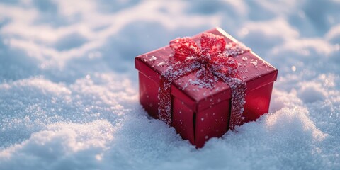 Poster - Red gift box adorned with sparkly ribbon rests on a bed of soft white snow, highlighting the festive season's charm and tranquility.