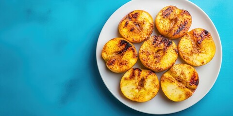 Aufkleber - Grilled peaches arranged on a white plate against a vibrant turquoise background with golden char marks and creamy textures.
