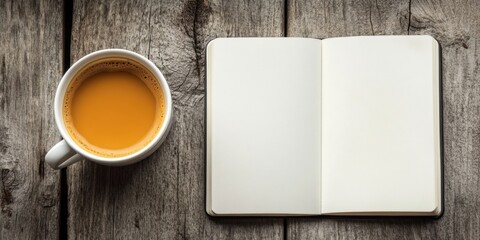 Leinwandbilder - Empty notebook adjacent to a white cup of coffee on a rustic wooden surface with brown tones and natural textures inviting creativity and inspiration