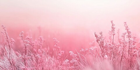 Aufkleber - Soft pink flowers and gentle grasses create a serene, dreamy landscape with a gradient of pastel pink hues in the background.