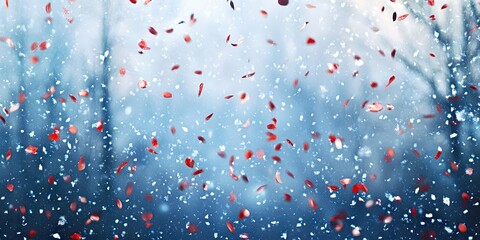 Poster - Winter-themed background with blue hues and softly blurred trees, featuring falling white snow and red confetti elements creating a festive mood.