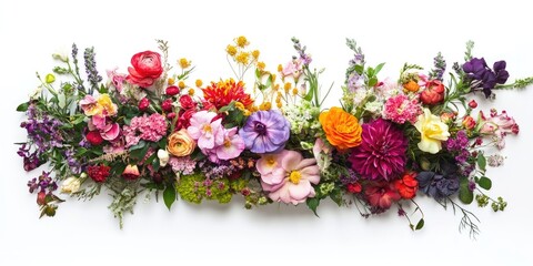 Aufkleber - Colorful arrangement of mixed flowers in shades of pink, purple, yellow, and orange positioned horizontally against a white background.