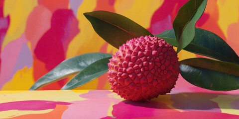 Poster - Vibrant lychee fruit with textured pink skin placed on a colorful abstract background, featuring hues of yellow, pink, and green foliage.