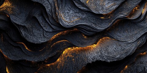 Leinwandbilder - Abstract textured wall surface featuring dark gray and black wavy patterns with golden highlights creating a dramatic and elegant design.