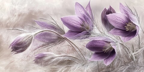 Fototapete - Delicate blooms of Pulsatilla Patens in soft lavender hues with feathery strands, arranged gracefully against a gentle pastel background.