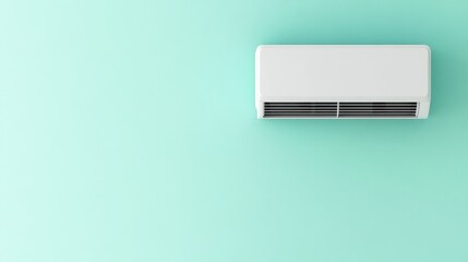 Poster - White wall-mounted AC unit with energy-saving mode, placed on a pastel mint background, top-down perspective.