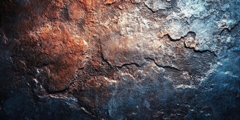 Poster - Rugged metallic textured surface with coarse quality featuring dark blue and rust orange tones combined to create an edgy abstract background
