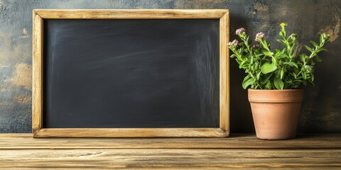 Wall Mural - Rustic wooden table with a flowerpot beside a blank chalkboard against a textured wall suitable for text placement with warm earthy colors