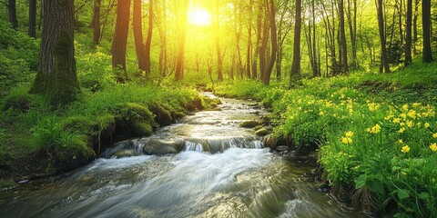 Leinwandbilder - Serene forest stream with gentle flowing water beneath sunlight filtering through vibrant green trees and blooming yellow flowers on the bank.