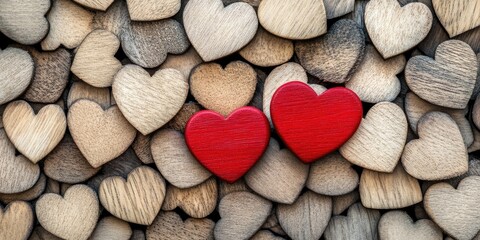 Aufkleber - A collection of light and dark wooden hearts in a textured background with two bright red hearts in the center symbolizing true love and connection