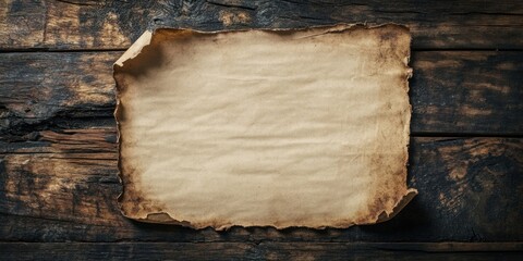 Fototapete - Aged blank paper with torn edges on a dark wooden surface featuring rich brown tones and natural textures in a spacious layout for minimalism