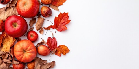 Poster - Autumn still life arrangement featuring vibrant red apples and pumpkins surrounded by dry orange and brown leaves on a white background.