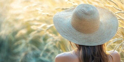 Poster - A serene scene of a woman with long hair wearing a wide-brimmed straw hat surrounded by golden grass in soft sunlight creating a tranquil atmosphere